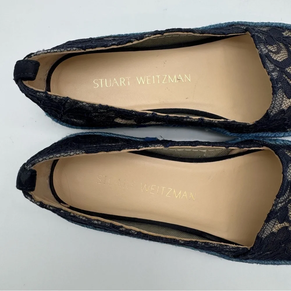 Stuart Weitzman Meshuga Navy Blue Floral Lace Espadrille Flats Size 5.5-6